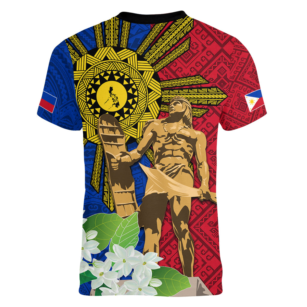 Philippines Lapu Lapu King Jasmine Flowers Women V-Neck T-Shirt Filipino Sun Tattoo