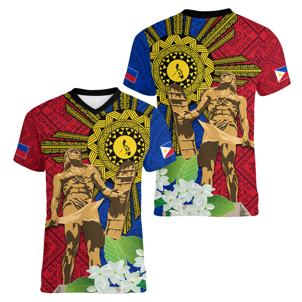 Philippines Lapu Lapu King Jasmine Flowers Women V-Neck T-Shirt Filipino Sun Tattoo