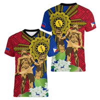 Philippines Lapu Lapu King Jasmine Flowers Women V-Neck T-Shirt Filipino Sun Tattoo