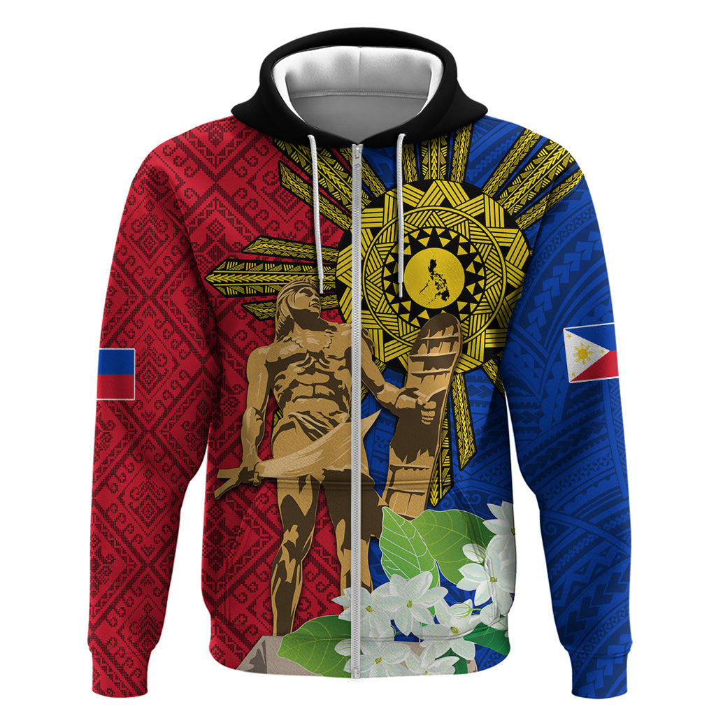 Philippines Lapu Lapu King Jasmine Flowers Zip Hoodie Filipino Sun Tattoo