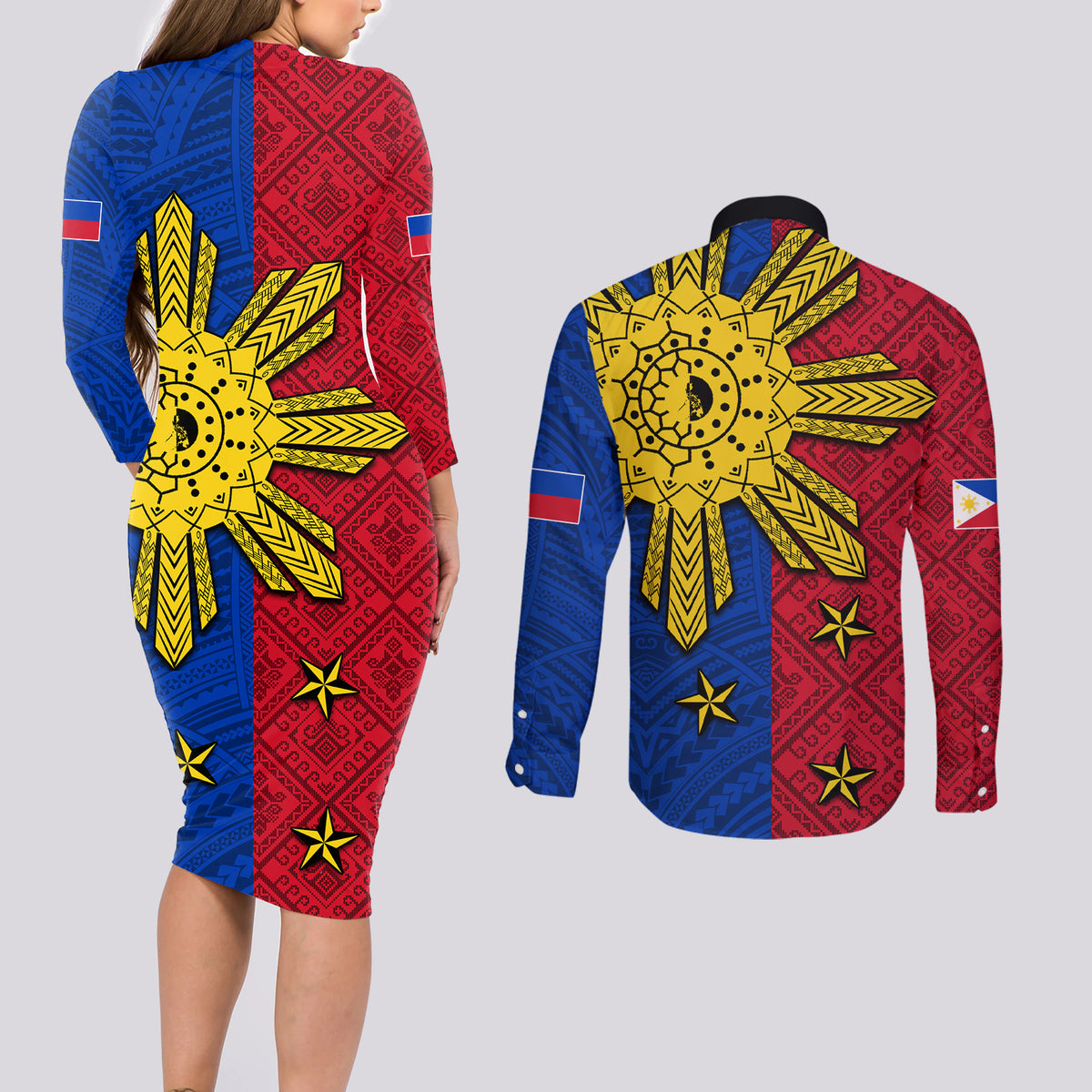 Philippines Sun Batok Tattoo Couples Matching Long Sleeve Bodycon Dress and Long Sleeve Button Shirt Polynesian and Yakan Pattern
