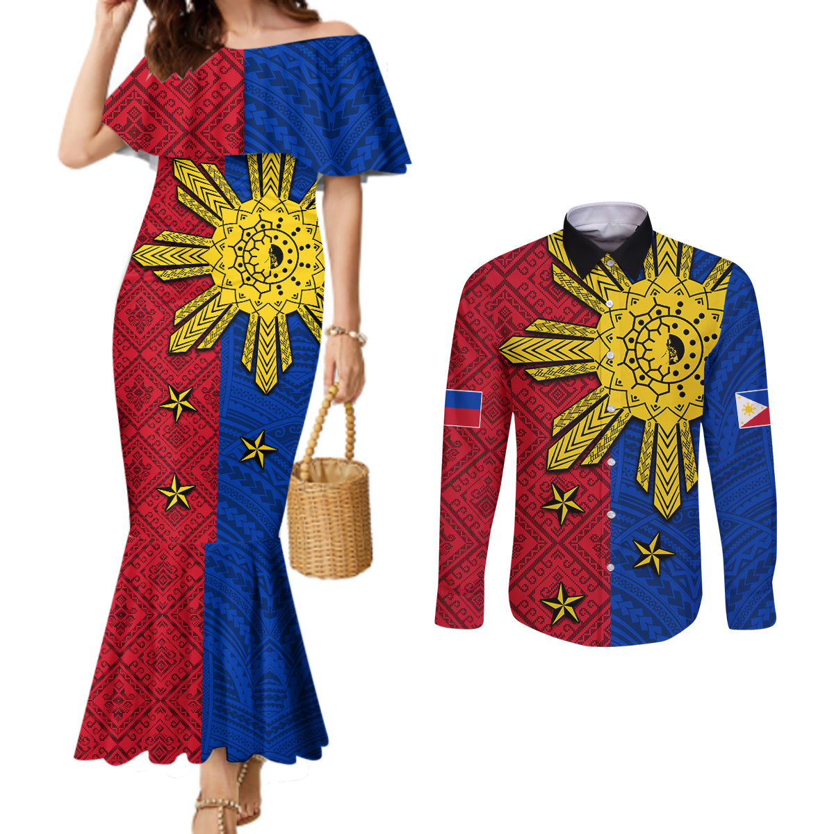Philippines Sun Batok Tattoo Couples Matching Mermaid Dress and Long Sleeve Button Shirt Polynesian and Yakan Pattern