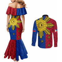 Philippines Sun Batok Tattoo Couples Matching Mermaid Dress and Long Sleeve Button Shirt Polynesian and Yakan Pattern