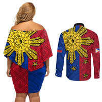 Philippines Sun Batok Tattoo Couples Matching Off Shoulder Short Dress and Long Sleeve Button Shirt Polynesian and Yakan Pattern