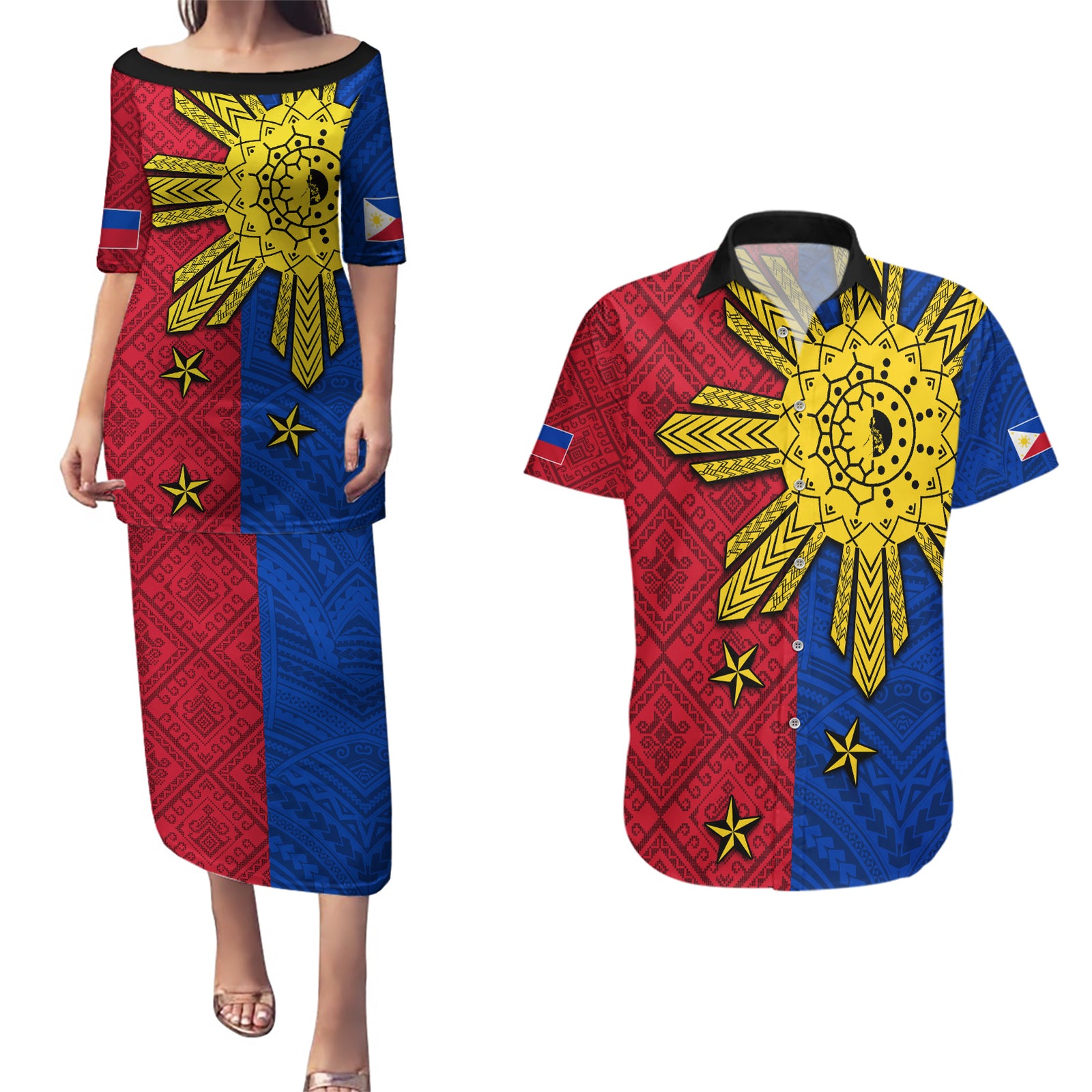Philippines Sun Batok Tattoo Couples Matching Puletasi and Hawaiian Shirt Polynesian and Yakan Pattern
