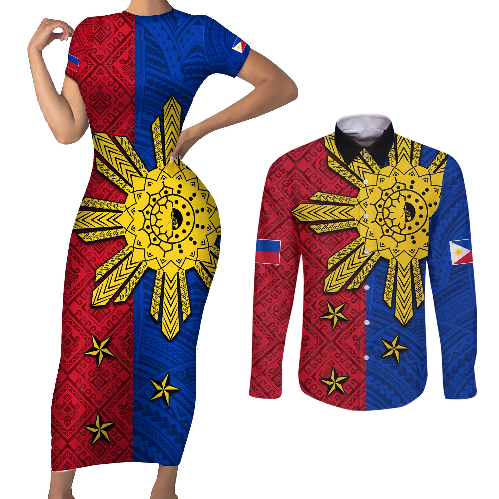 Philippines Sun Batok Tattoo Couples Matching Short Sleeve Bodycon Dress and Long Sleeve Button Shirt Polynesian and Yakan Pattern