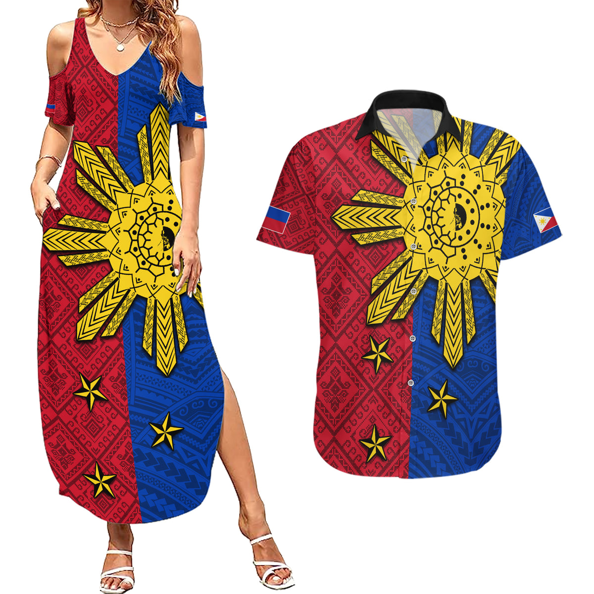 Philippines Sun Batok Tattoo Couples Matching Summer Maxi Dress and Hawaiian Shirt Polynesian and Yakan Pattern