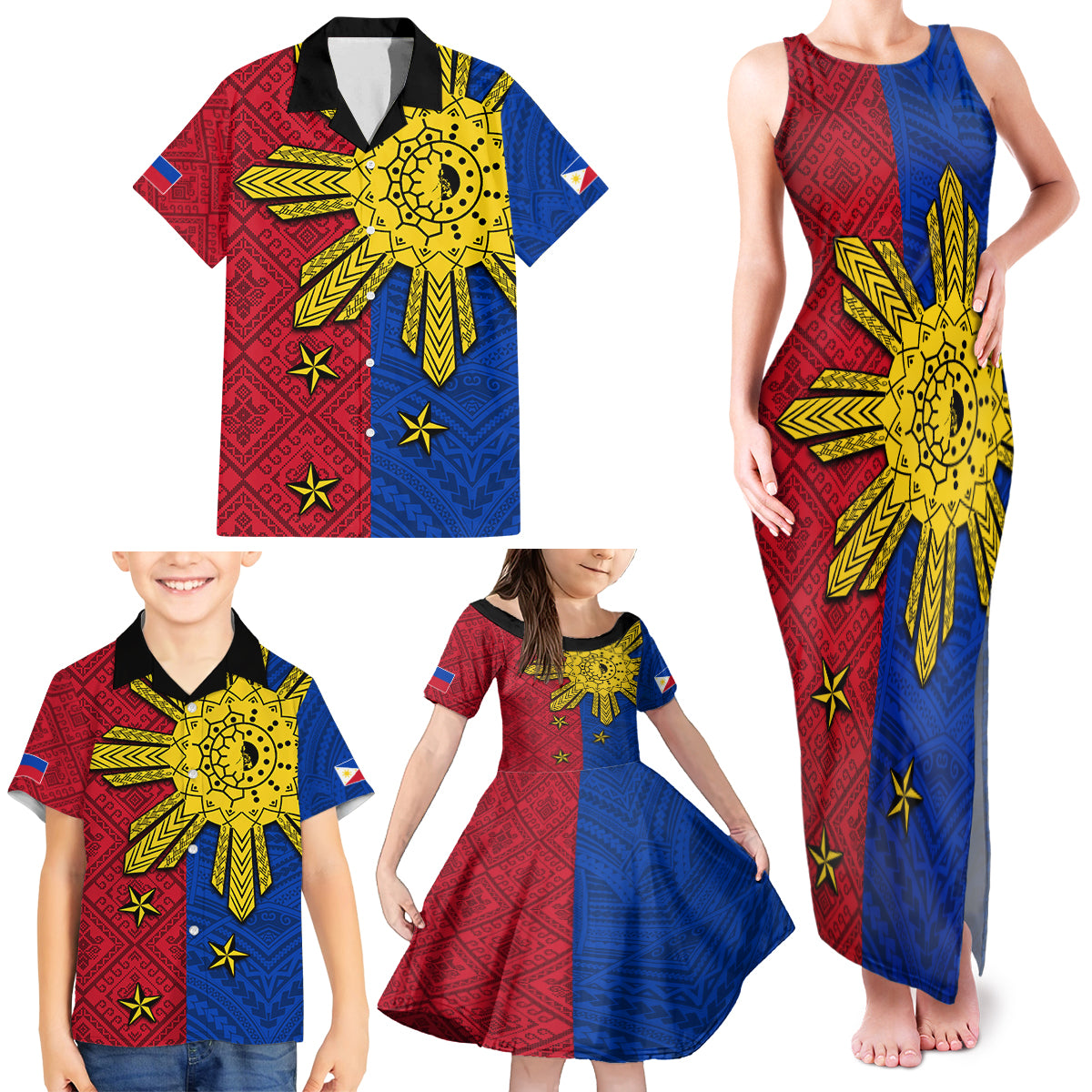Philippines Sun Batok Tattoo Family Matching Tank Maxi Dress and Hawaiian Shirt Polynesian and Yakan Pattern