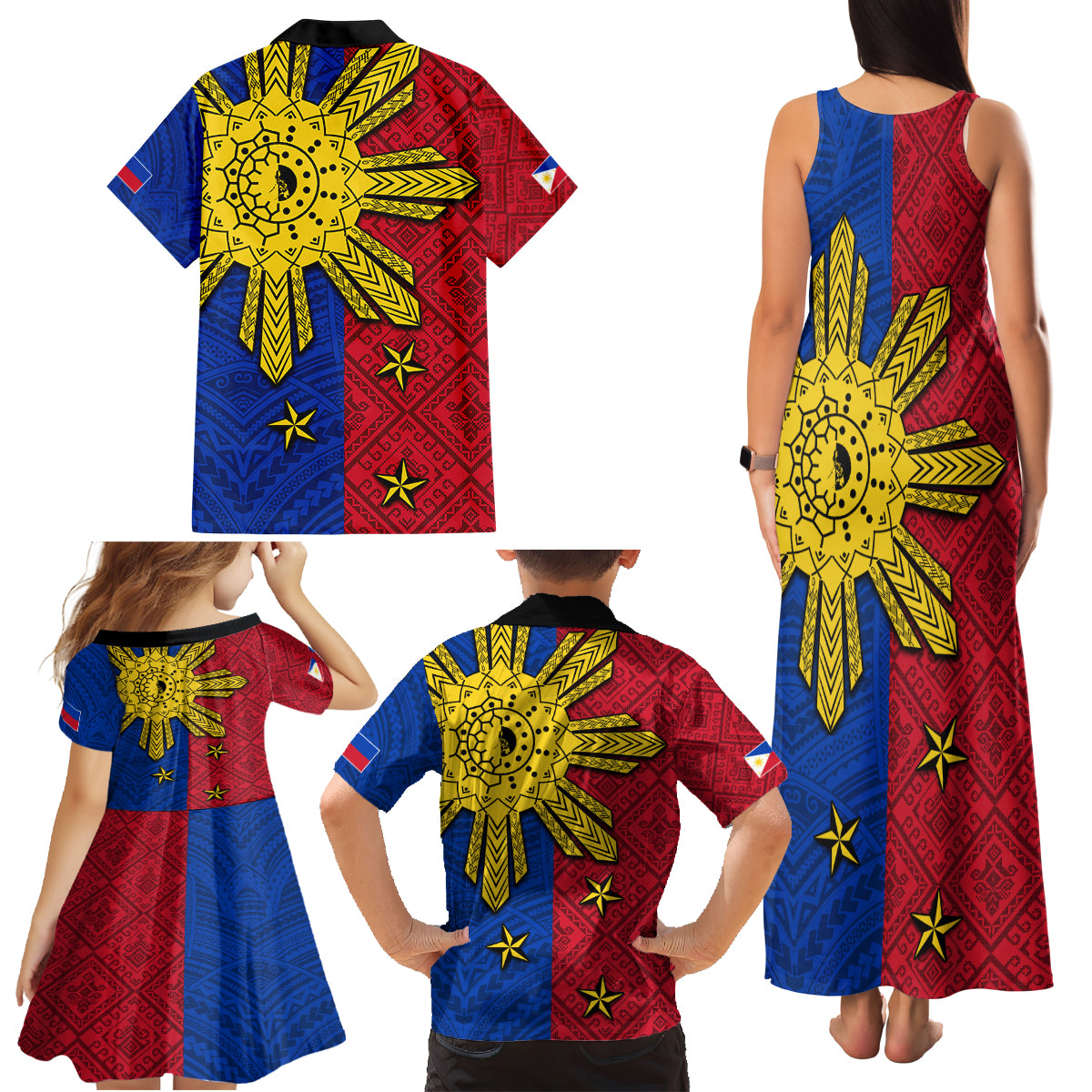 Philippines Sun Batok Tattoo Family Matching Tank Maxi Dress and Hawaiian Shirt Polynesian and Yakan Pattern