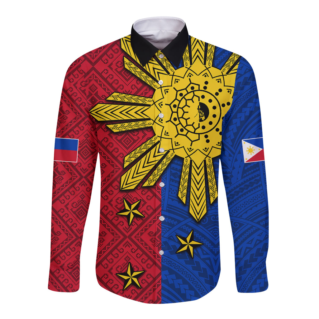 Philippines Sun Batok Tattoo Long Sleeve Button Shirt Polynesian and Yakan Pattern