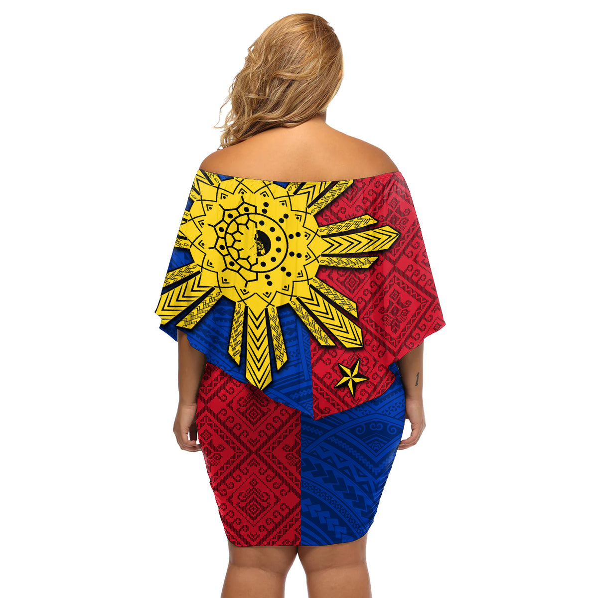 Philippines Sun Batok Tattoo Off Shoulder Short Dress Polynesian and Yakan Pattern