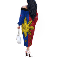 Philippines Sun Batok Tattoo Off The Shoulder Long Sleeve Dress Polynesian and Yakan Pattern