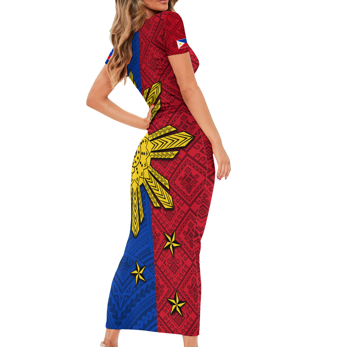 Philippines Sun Batok Tattoo Short Sleeve Bodycon Dress Polynesian and Yakan Pattern