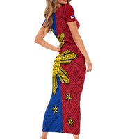 Philippines Sun Batok Tattoo Short Sleeve Bodycon Dress Polynesian and Yakan Pattern