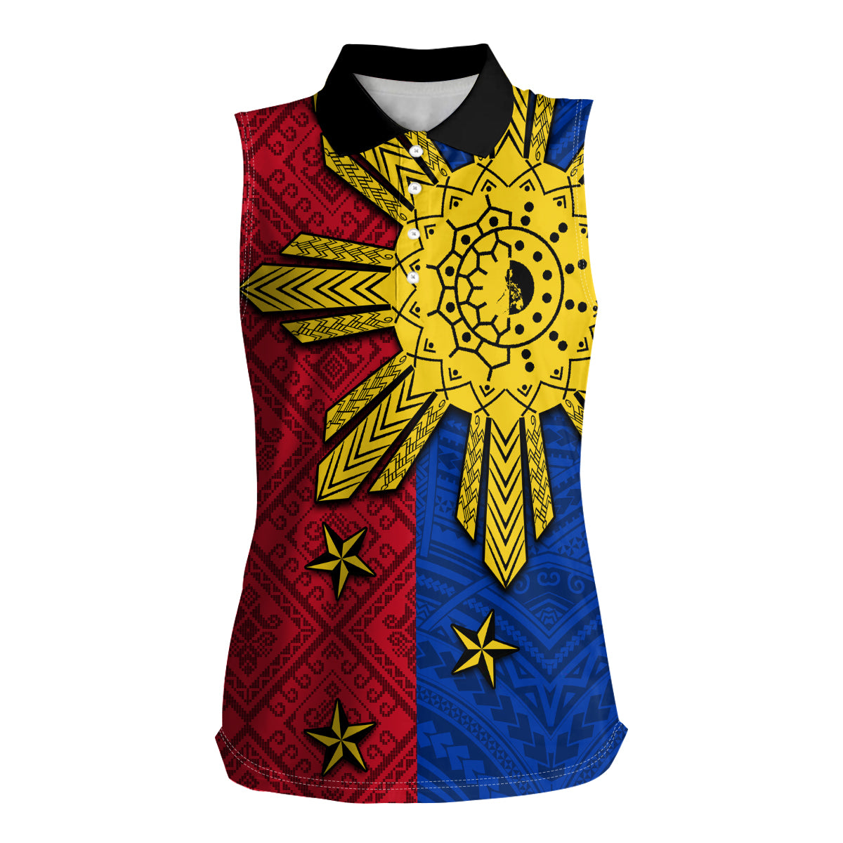 Philippines Sun Batok Tattoo Women Sleeveless Polo Shirt Polynesian and Yakan Pattern