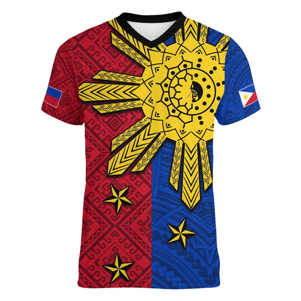 Philippines Sun Batok Tattoo Women V-Neck T-Shirt Polynesian and Yakan Pattern