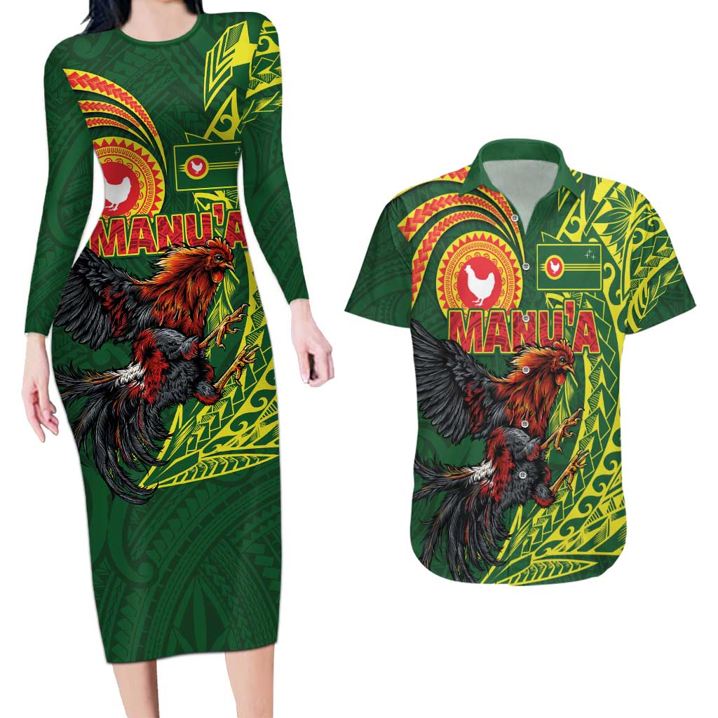 Proud of Manu'a Islands Couples Matching Long Sleeve Bodycon Dress and Hawaiian Shirt Rooster and Polynesian Art Wing Style