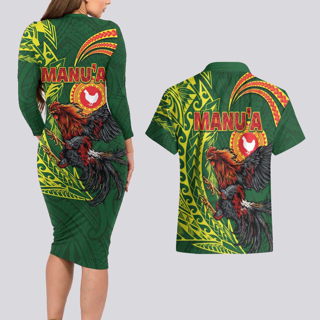 Proud of Manu'a Islands Couples Matching Long Sleeve Bodycon Dress and Hawaiian Shirt Rooster and Polynesian Art Wing Style