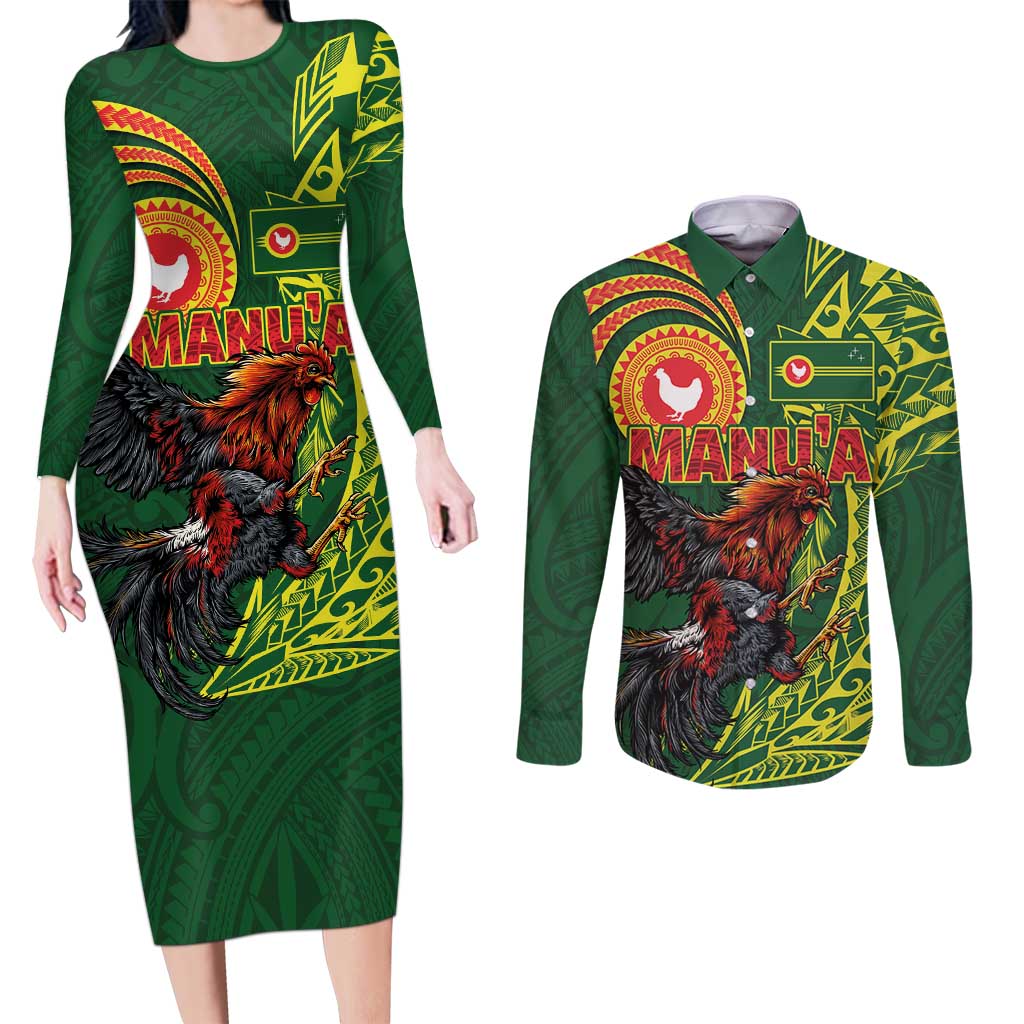 Proud of Manu'a Islands Couples Matching Long Sleeve Bodycon Dress and Long Sleeve Button Shirt Rooster and Polynesian Art Wing Style
