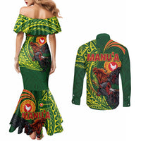 Proud of Manu'a Islands Couples Matching Mermaid Dress and Long Sleeve Button Shirt Rooster and Polynesian Art Wing Style