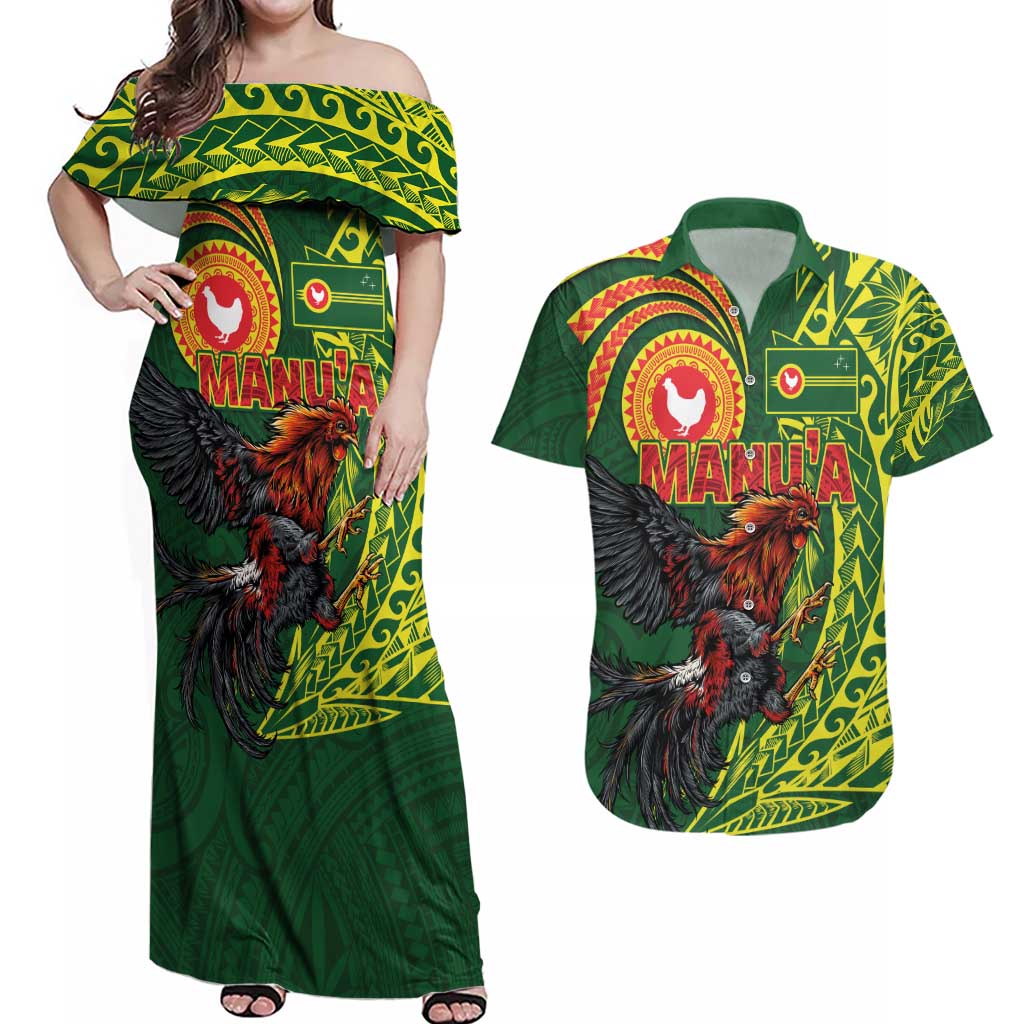 Proud of Manu'a Islands Couples Matching Off Shoulder Maxi Dress and Hawaiian Shirt Rooster and Polynesian Art Wing Style