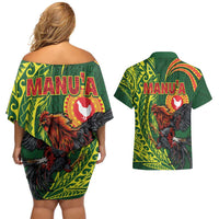 Proud of Manu'a Islands Couples Matching Off Shoulder Short Dress and Hawaiian Shirt Rooster and Polynesian Art Wing Style