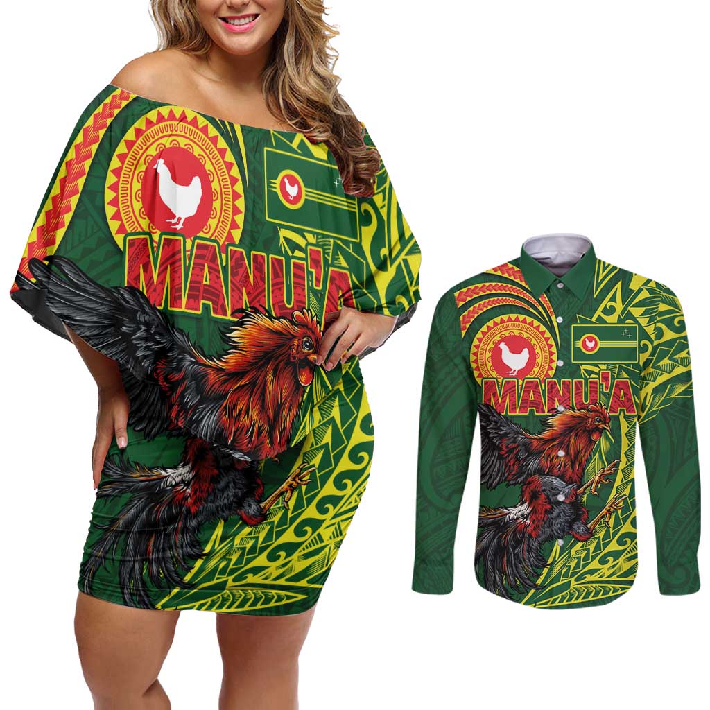Proud of Manu'a Islands Couples Matching Off Shoulder Short Dress and Long Sleeve Button Shirt Rooster and Polynesian Art Wing Style