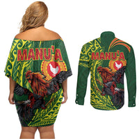 Proud of Manu'a Islands Couples Matching Off Shoulder Short Dress and Long Sleeve Button Shirt Rooster and Polynesian Art Wing Style