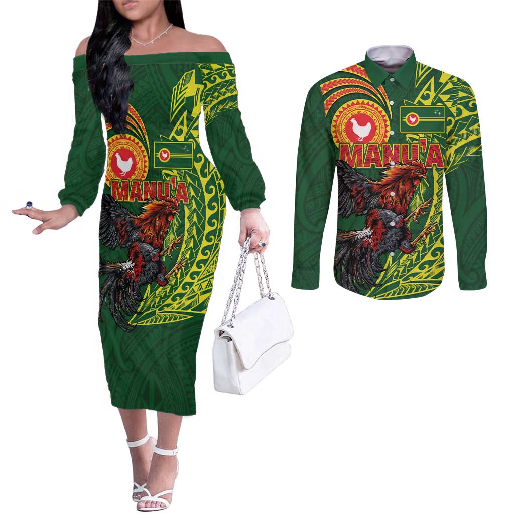 Proud of Manu'a Islands Couples Matching Off The Shoulder Long Sleeve Dress and Long Sleeve Button Shirt Rooster and Polynesian Art Wing Style