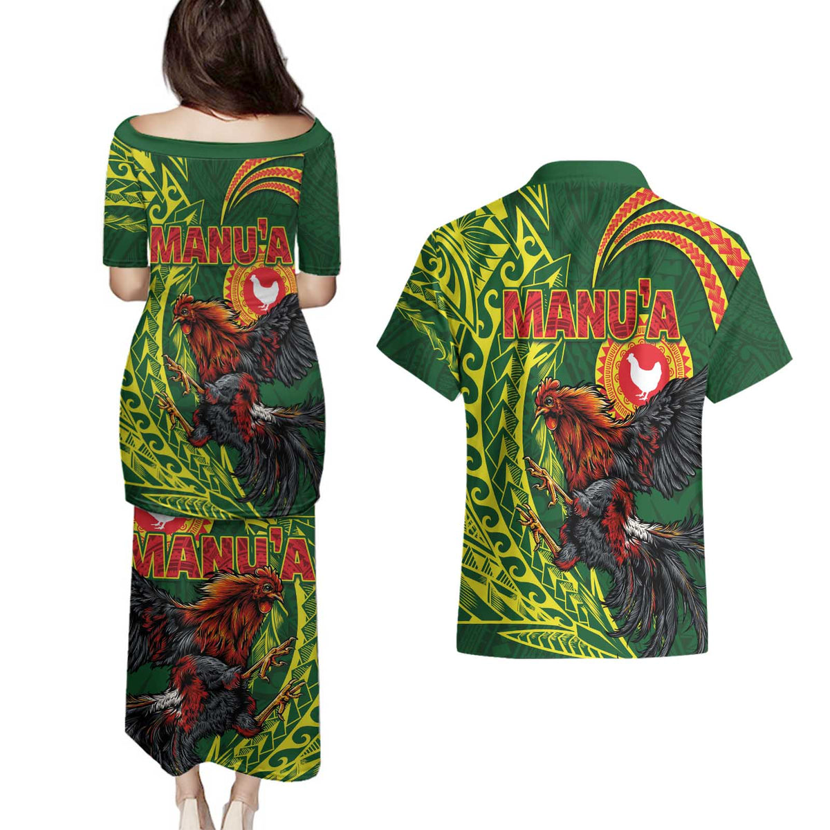 Proud of Manu'a Islands Couples Matching Puletasi and Hawaiian Shirt Rooster and Polynesian Art Wing Style