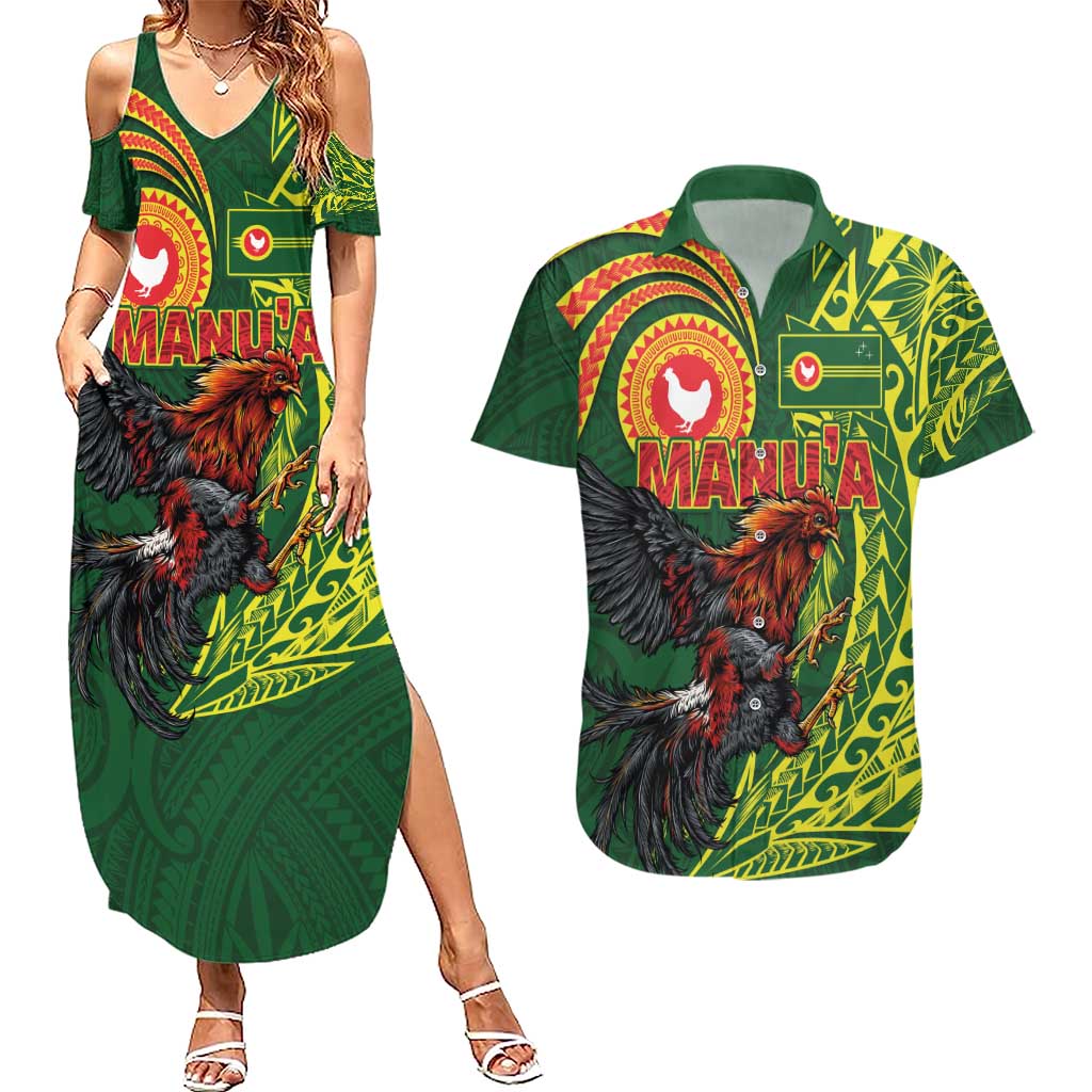 Proud of Manu'a Islands Couples Matching Summer Maxi Dress and Hawaiian Shirt Rooster and Polynesian Art Wing Style