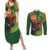 Proud of Manu'a Islands Couples Matching Summer Maxi Dress and Long Sleeve Button Shirt Rooster and Polynesian Art Wing Style
