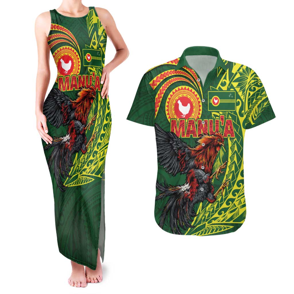 Proud of Manu'a Islands Couples Matching Tank Maxi Dress and Hawaiian Shirt Rooster and Polynesian Art Wing Style