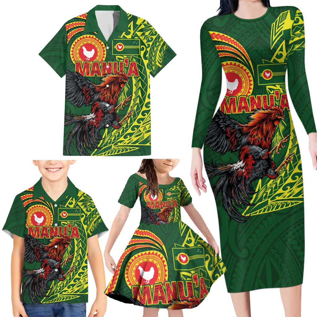 Proud of Manu'a Islands Family Matching Long Sleeve Bodycon Dress and Hawaiian Shirt Rooster and Polynesian Art Wing Style