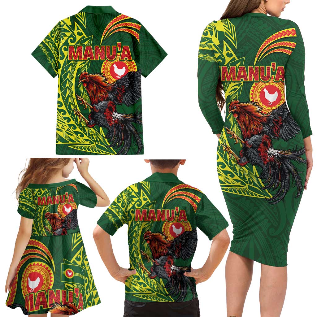 Proud of Manu'a Islands Family Matching Long Sleeve Bodycon Dress and Hawaiian Shirt Rooster and Polynesian Art Wing Style