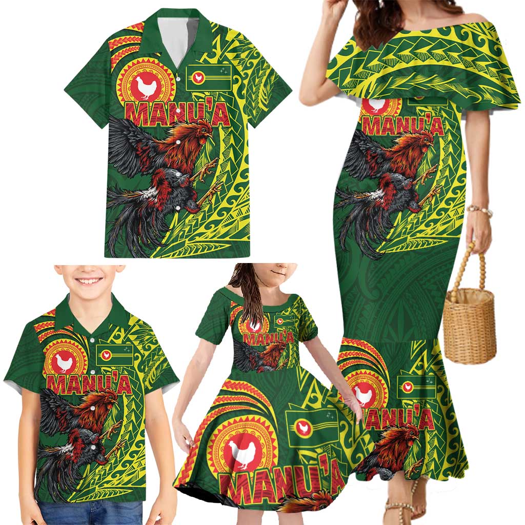 Proud of Manu'a Islands Family Matching Mermaid Dress and Hawaiian Shirt Rooster and Polynesian Art Wing Style