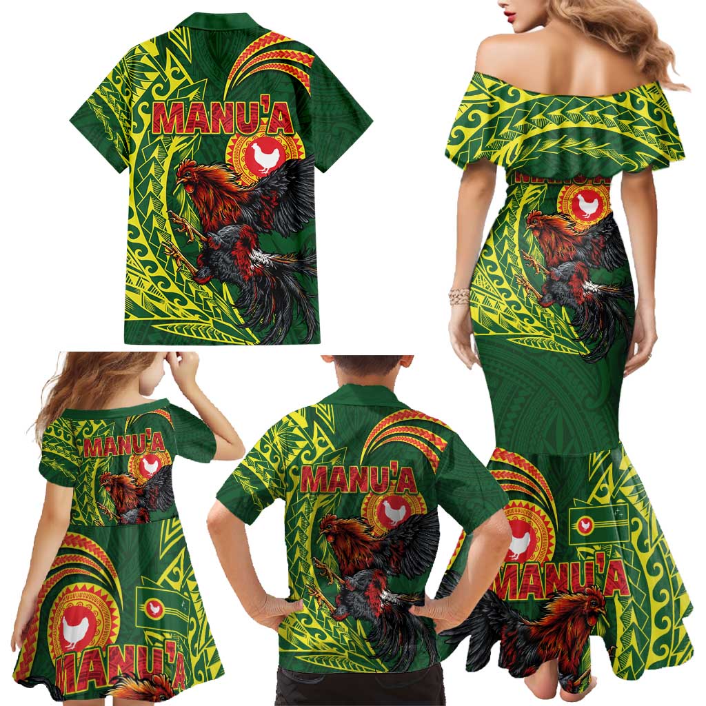 Proud of Manu'a Islands Family Matching Mermaid Dress and Hawaiian Shirt Rooster and Polynesian Art Wing Style