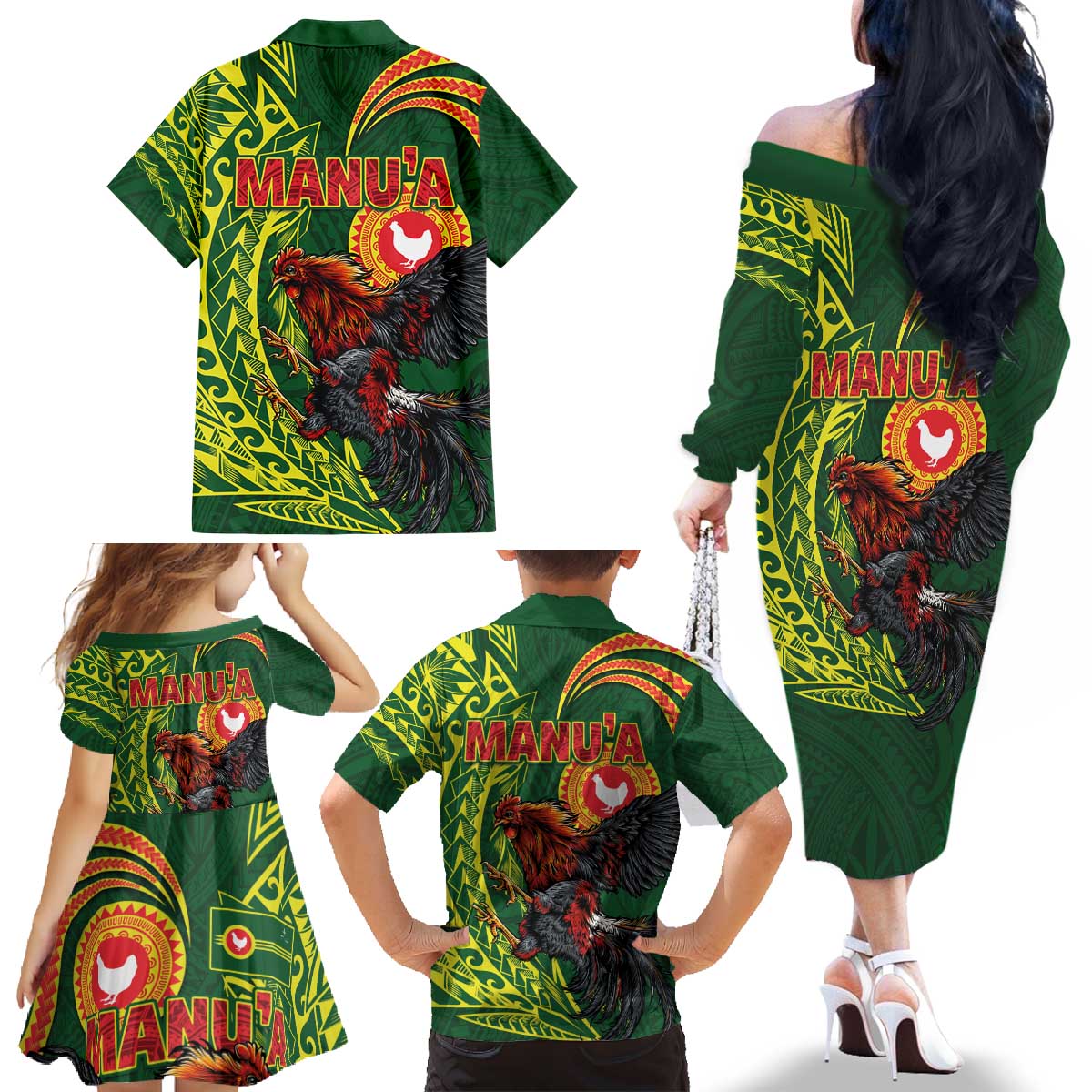 Proud of Manu'a Islands Family Matching Off The Shoulder Long Sleeve Dress and Hawaiian Shirt Rooster and Polynesian Art Wing Style