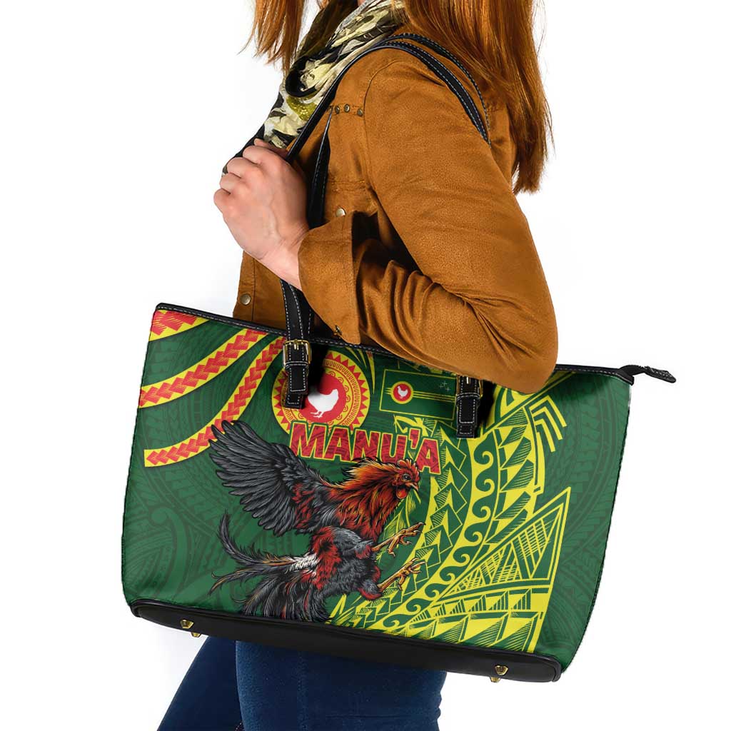 Proud of Manu'a Islands Leather Tote Bag Rooster and Polynesian Art Wing Style