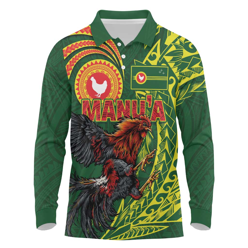 Proud of Manu'a Islands Long Sleeve Polo Shirt Rooster and Polynesian Art Wing Style LT03 Green - Polynesian Pride