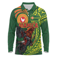 Proud of Manu'a Islands Long Sleeve Polo Shirt Rooster and Polynesian Art Wing Style LT03 Green - Polynesian Pride