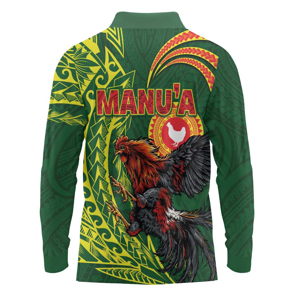 Proud of Manu'a Islands Long Sleeve Polo Shirt Rooster and Polynesian Art Wing Style LT03 - Polynesian Pride