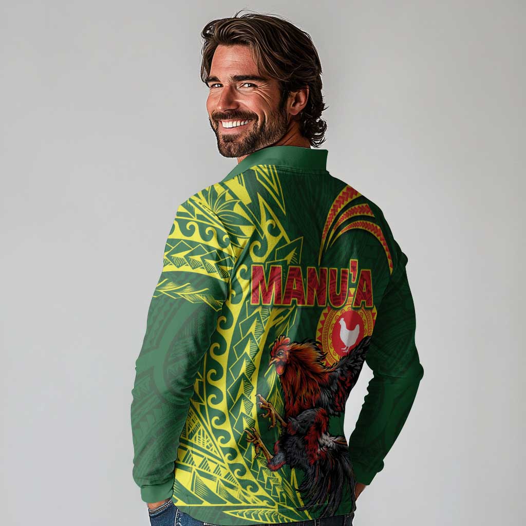Proud of Manu'a Islands Long Sleeve Polo Shirt Rooster and Polynesian Art Wing Style LT03 - Polynesian Pride
