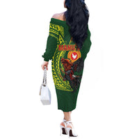 Proud of Manu'a Islands Off The Shoulder Long Sleeve Dress Rooster and Polynesian Art Wing Style