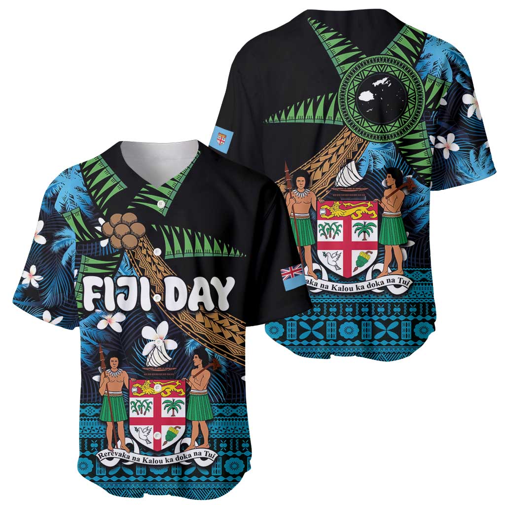 Fiji Day Baseball Jersey Palm Tree With Plumeria Tapa Tribal Pattern