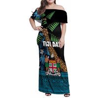 Fiji Day Family Matching Off Shoulder Maxi Dress and Hawaiian Shirt Palm Tree With Plumeria Tapa Tribal Pattern