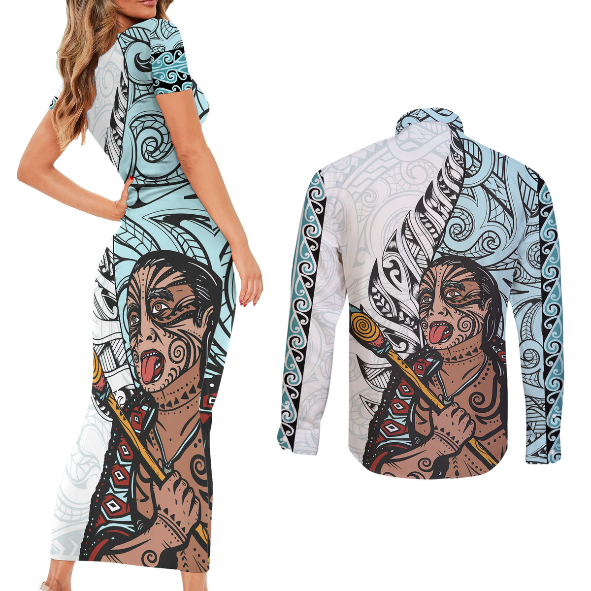 Maori Warrior Couples Matching Short Sleeve Bodycon Dress and Long Sleeve Button Shirts Silver Fern New Zealand Map With Kowhaiwhai Pattern LT03 - Polynesian Pride