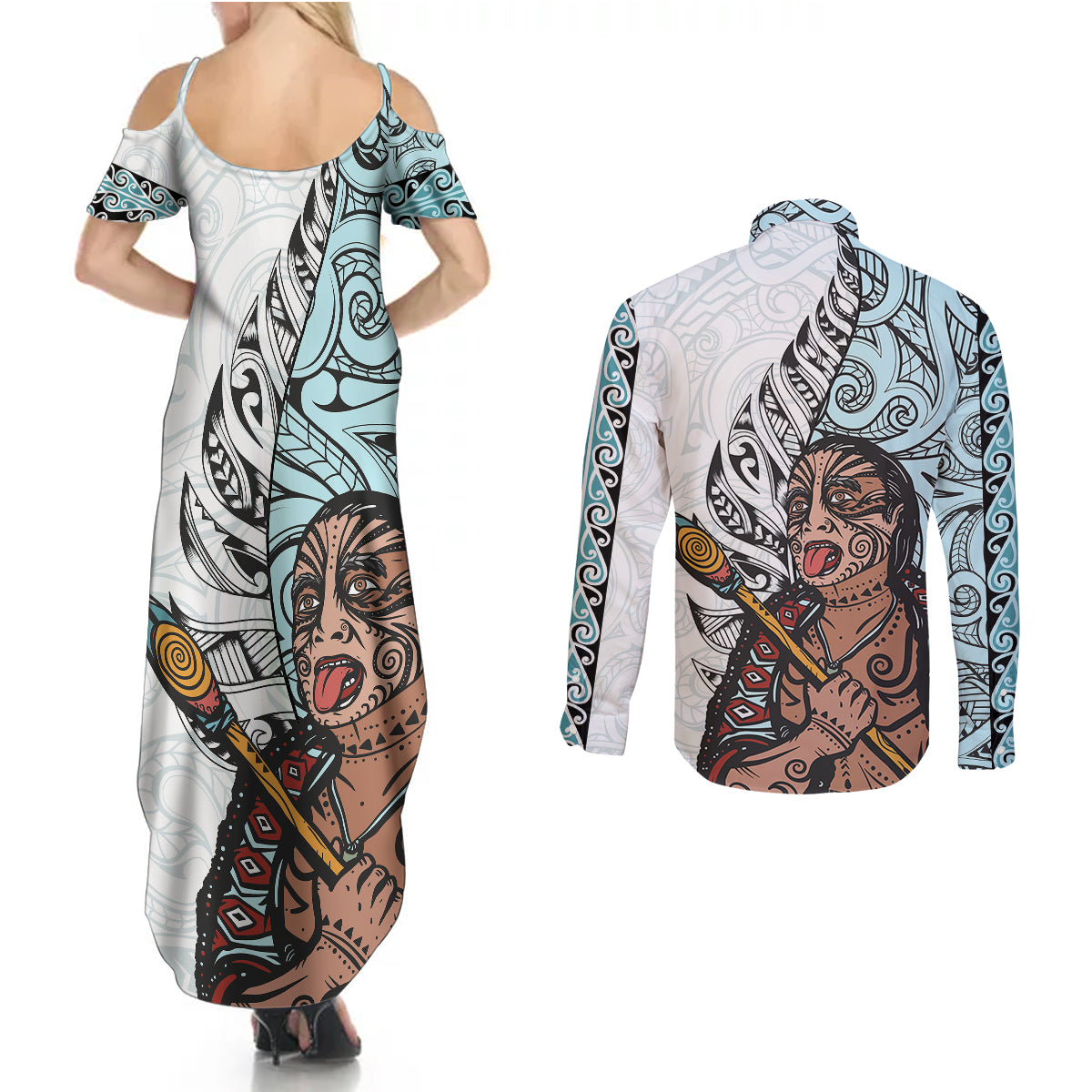 Maori Warrior Couples Matching Summer Maxi Dress and Long Sleeve Button Shirts Silver Fern New Zealand Map With Kowhaiwhai Pattern LT03 - Polynesian Pride