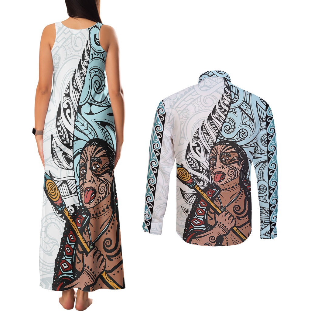 Maori Warrior Couples Matching Tank Maxi Dress and Long Sleeve Button Shirts Silver Fern New Zealand Map With Kowhaiwhai Pattern LT03 - Polynesian Pride