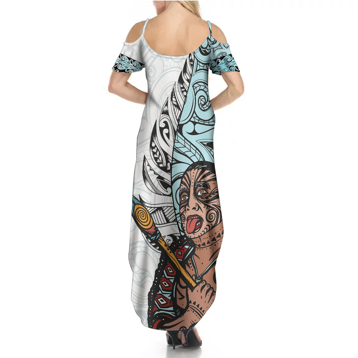 Maori Warrior Summer Maxi Dress Silver Fern New Zealand Map With Kowhaiwhai Pattern LT03 - Polynesian Pride